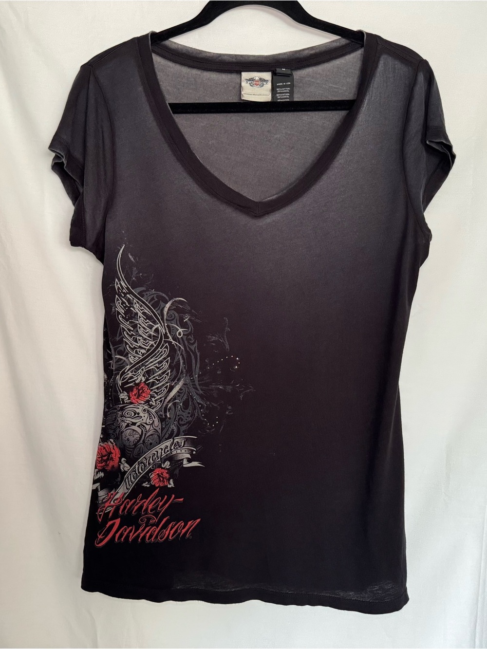 Harley-Davidson Black V-Neck Tee Winged Rose Graphic Ombre Biker Shirt Womens M